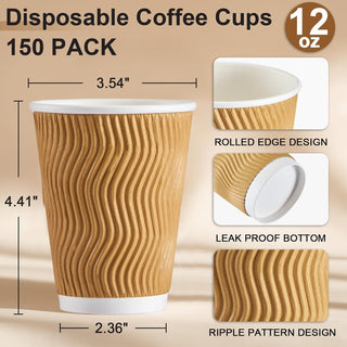 SIUQ 12 oz Coffee Cups - 150 Pack, Insulated Disposable Paper Cups 12 oz, Corrugated Ripple Wall Cups for Hot Beverage or Cold Drinks (Champagne)