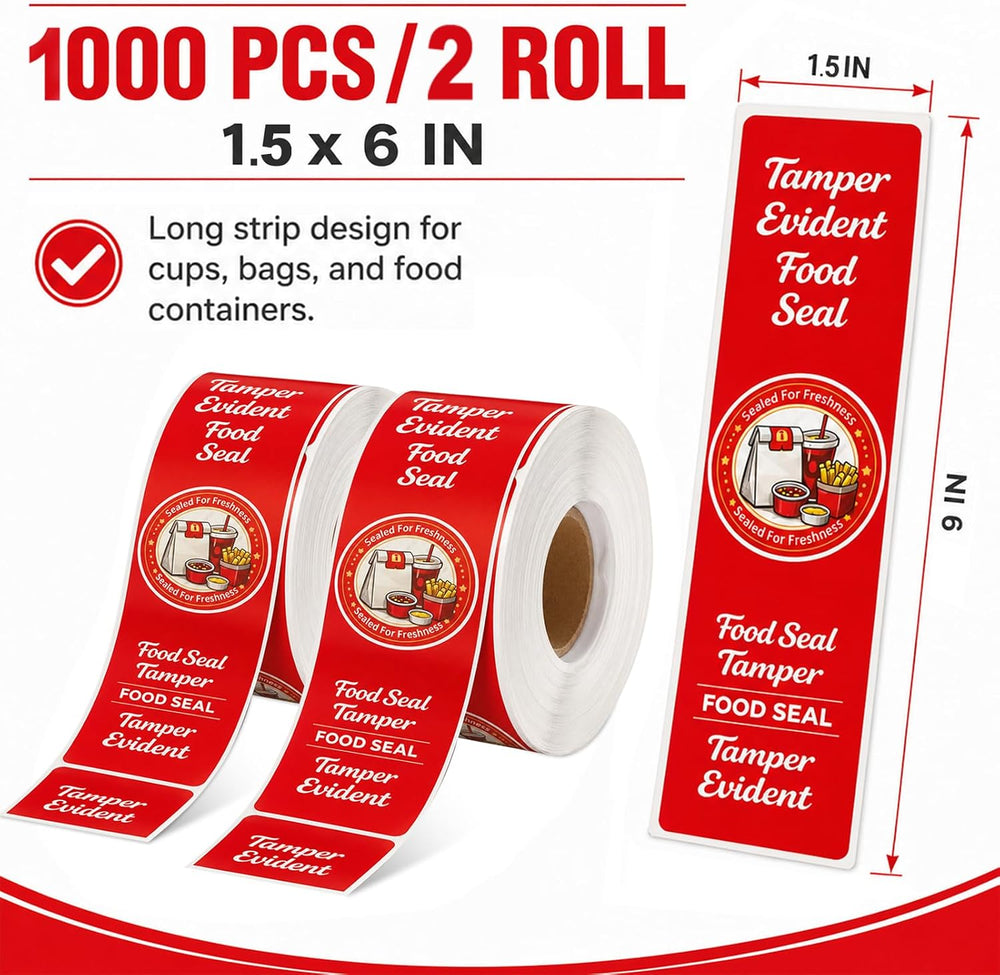 1000-Pack Tamper Proof Stickers, 1.5in x 6in Strong Adhesive Food Delivery Evident Stickers Sealed for Tamper Detection, Easily Use Labels Tapes for Boxes, Cups, Coffee, Envelopes, Documents