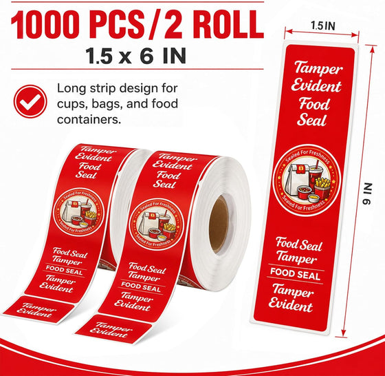 1000-Pack Tamper Proof Stickers, 1.5in x 6in Strong Adhesive Food Delivery Evident Stickers Sealed for Tamper Detection, Easily Use Labels Tapes for Boxes, Cups, Coffee, Envelopes, Documents - hover image