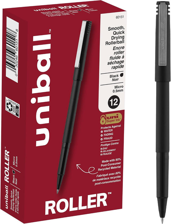uniball Roller Rollerball Pens, Micro Point (0.5mm), Black, 12 Pack