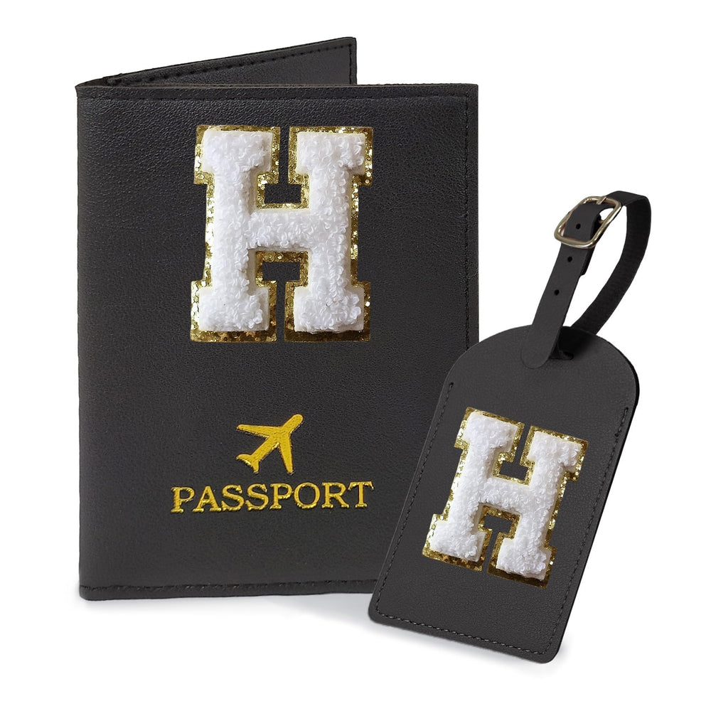 COSHAYSOO Purple Passport Cover Holder and Initial Luggage Tag Set TSA Approved with Personalized Monogram Chenille Letter Patch for Women Teen Girls, Cute Travel Bag Suitcase Identifier (A)