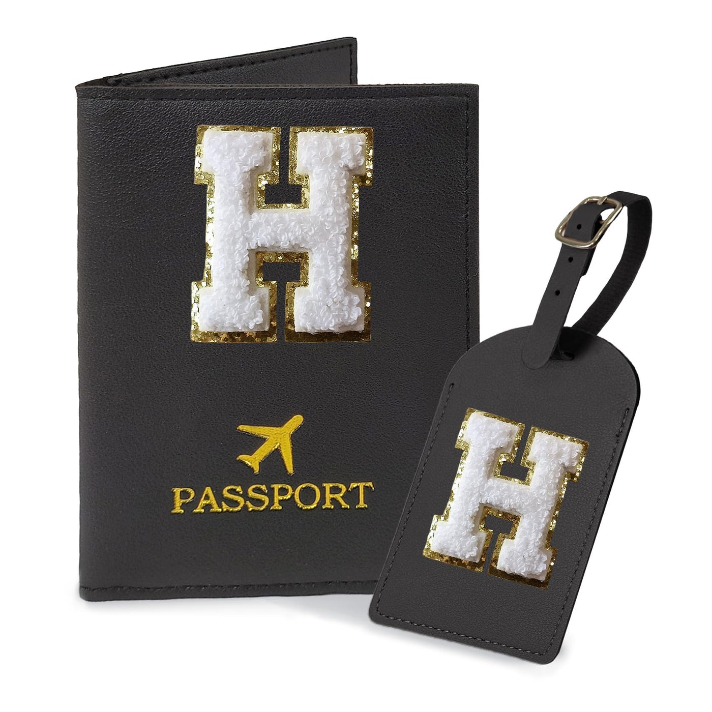 COSHAYSOO Purple Passport Cover Holder and Initial Luggage Tag Set TSA Approved with Personalized Monogram Chenille Letter Patch for Women Teen Girls, Cute Travel Bag Suitcase Identifier (A)