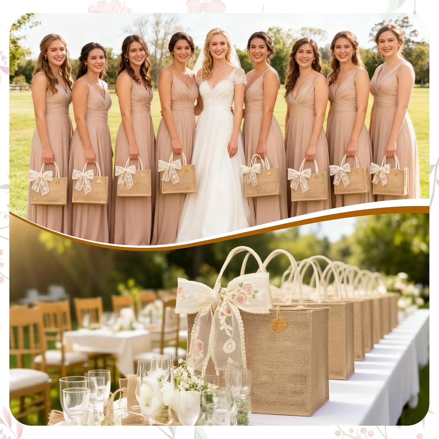 Burlap Jute Tote Bags with PE Lined Water-Resistant Interior, 13x9x5 Inch Reusable Bag for Beach,Shopping, Bridesmaid Gift