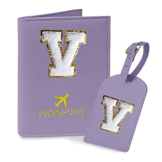 COSHAYSOO Purple Passport Cover Holder and Initial Luggage Tag Set TSA Approved with Personalized Monogram Chenille Letter Patch for Women Teen Girls, Cute Travel Bag Suitcase Identifier (A)