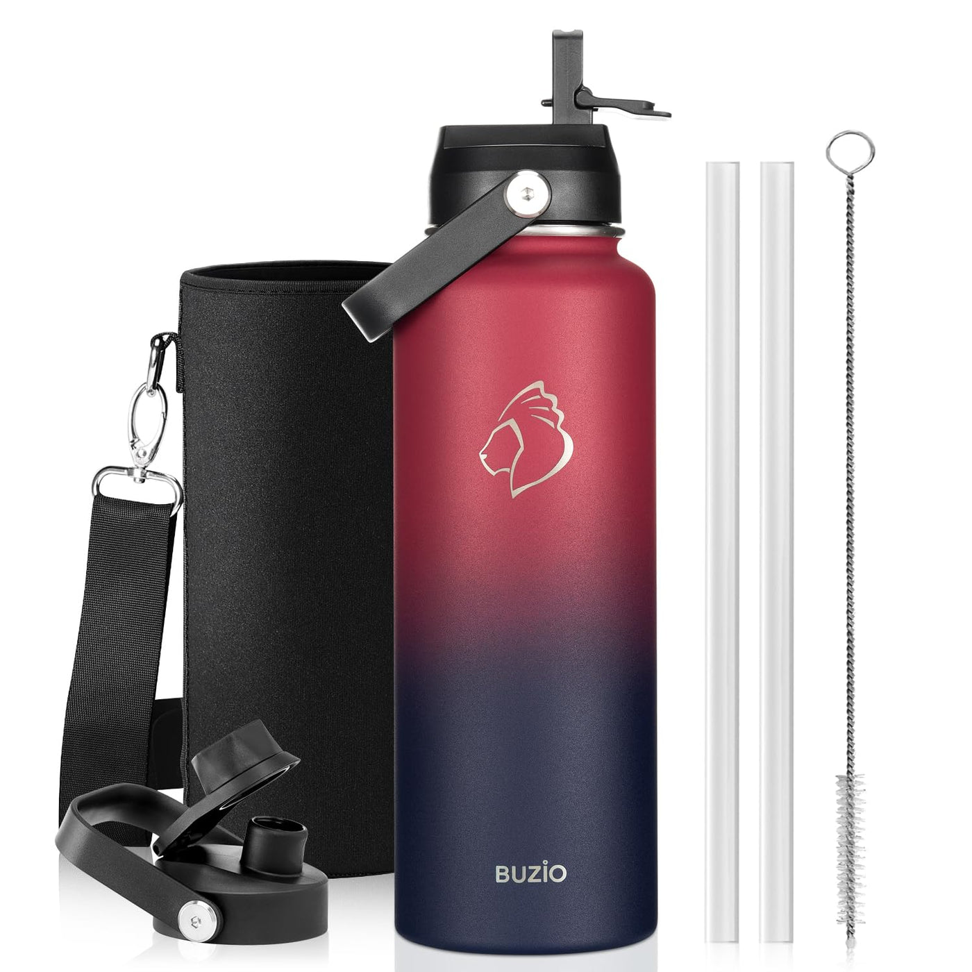 BUZIO 40oz Insulated Water Bottle, Triple Wall Vacuum Stainless Steel Water Flask with 2 lids, Lead-Free BPA-Free Straw Lid Sports Canteen Jug, Cold 48H & Hot 24H- Black