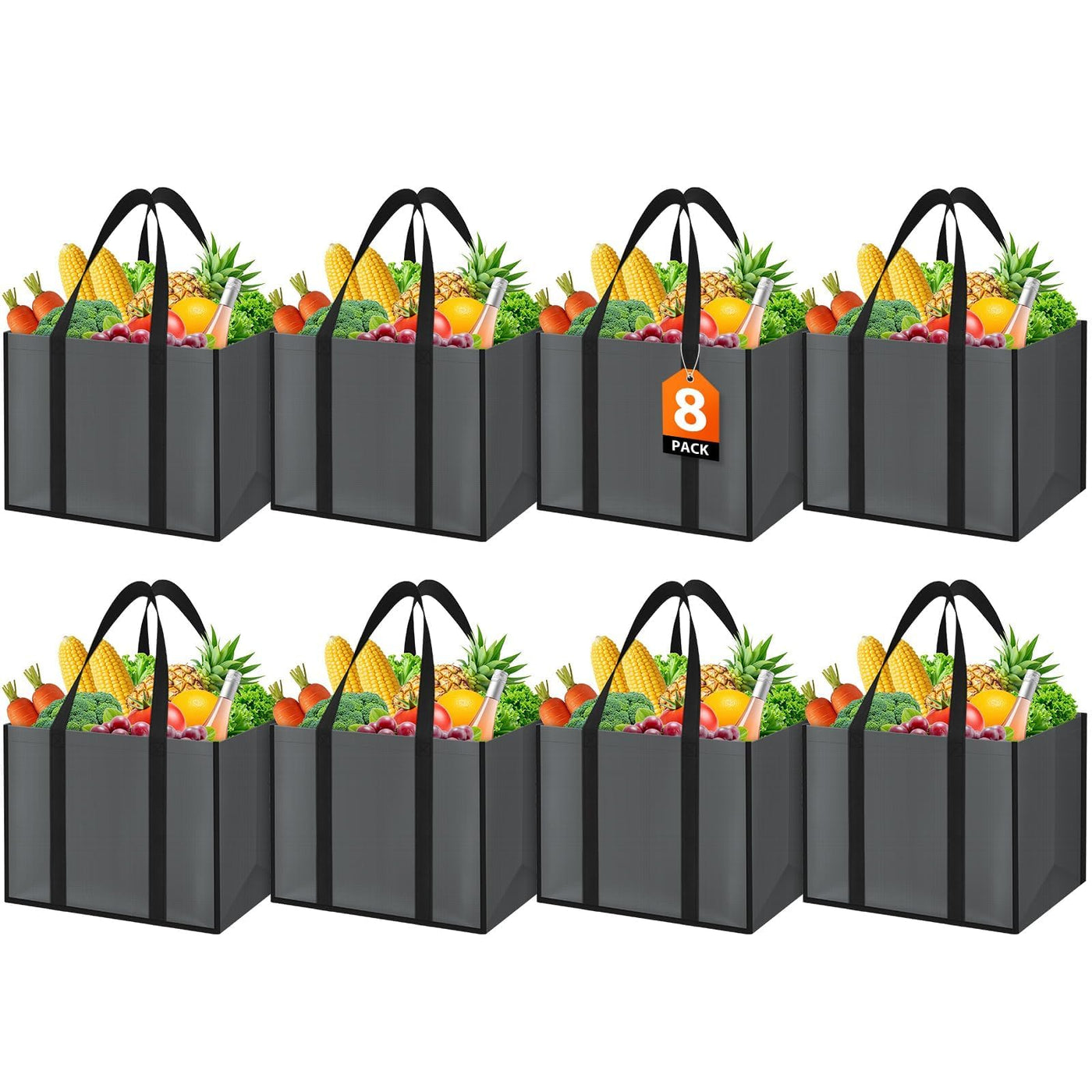 WISELIFE Reusable Grocery Bags with Handles - 3 Pack, 35L Large Shopping Bags for Groceries, Water-Resistant & Foldable Grocery Totes for Lasting Use for Kitchen, Market, Car Trunk, Picnic (Gray)