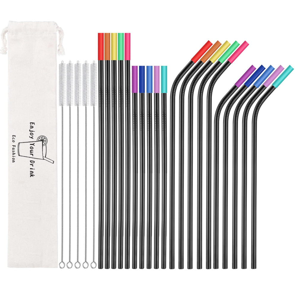 20 Pack Reusable Stainless Steel Metal Straws,10.5" & 8.5" Reusable Drinking Straws with 20 Silicone Tips 5 Straw Brushes 1 Travel Case,Eco Friendly Extra Long Metal Straw Fit for 20 24 30 oz Tumbler