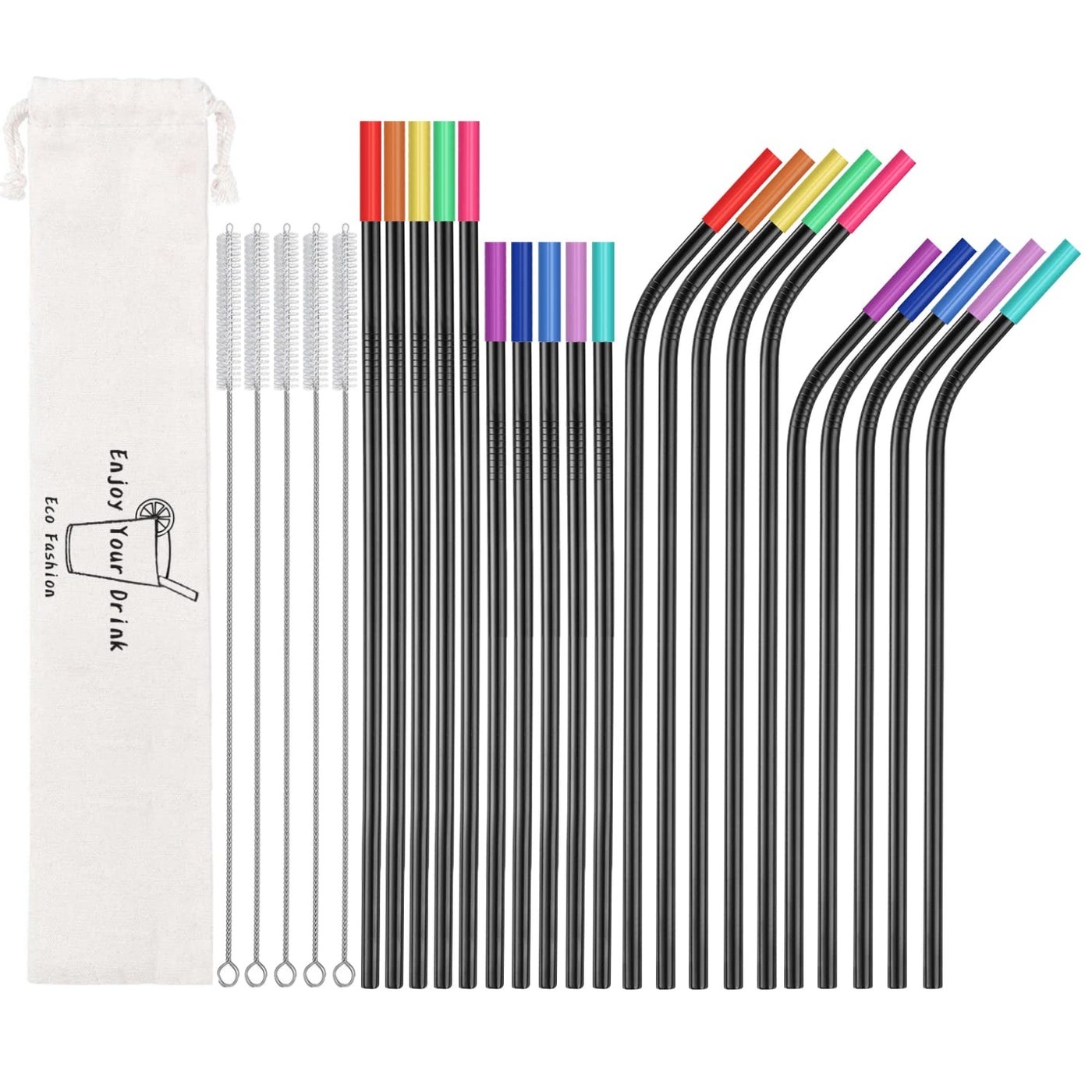 20 Pack Reusable Stainless Steel Metal Straws,10.5" & 8.5" Reusable Drinking Straws with 20 Silicone Tips 5 Straw Brushes 1 Travel Case,Eco Friendly Extra Long Metal Straw Fit for 20 24 30 oz Tumbler