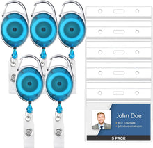 Will Well ID Badge Holders with Clip and Keyring - Vertical Clear Plastic 2.52" x 3.58" Sleeves Fit Up to 3 Cards - Retractable 24" UHMWPE Fiber Pull Cords for Easy Access - 2-Pack, Black Reels