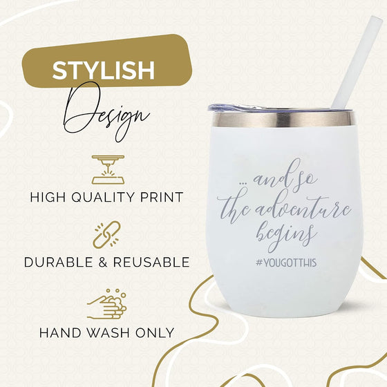 The Adventure Begins - Congratulations Gifts For Women, Going Away Gifts for Friends Moving, or Welcome To the Team- Perfect New Beginnings Gift - 12oz Stainless Steel Glass with Straw and Lid - hover image
