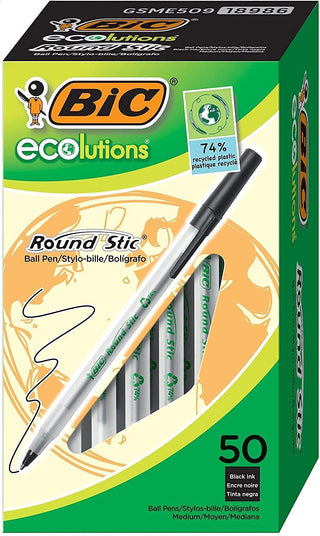 BIC Ecolutions Round Stic Ballpoint Pens, Medium Point (1.0mm), 50-Count Pack, Black Ink Pens Made from 97% Recycled Plastic