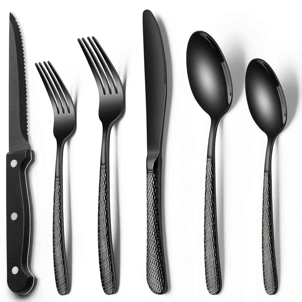 EWFEN 24-Piece Black Silverware Set with Steak Knives, Black Flatware Set for 4, Food-Grade Stainless Steel Tableware Cutlery Set, Mirror Finished Utensil Sets for Home Restaurant, Round Edge