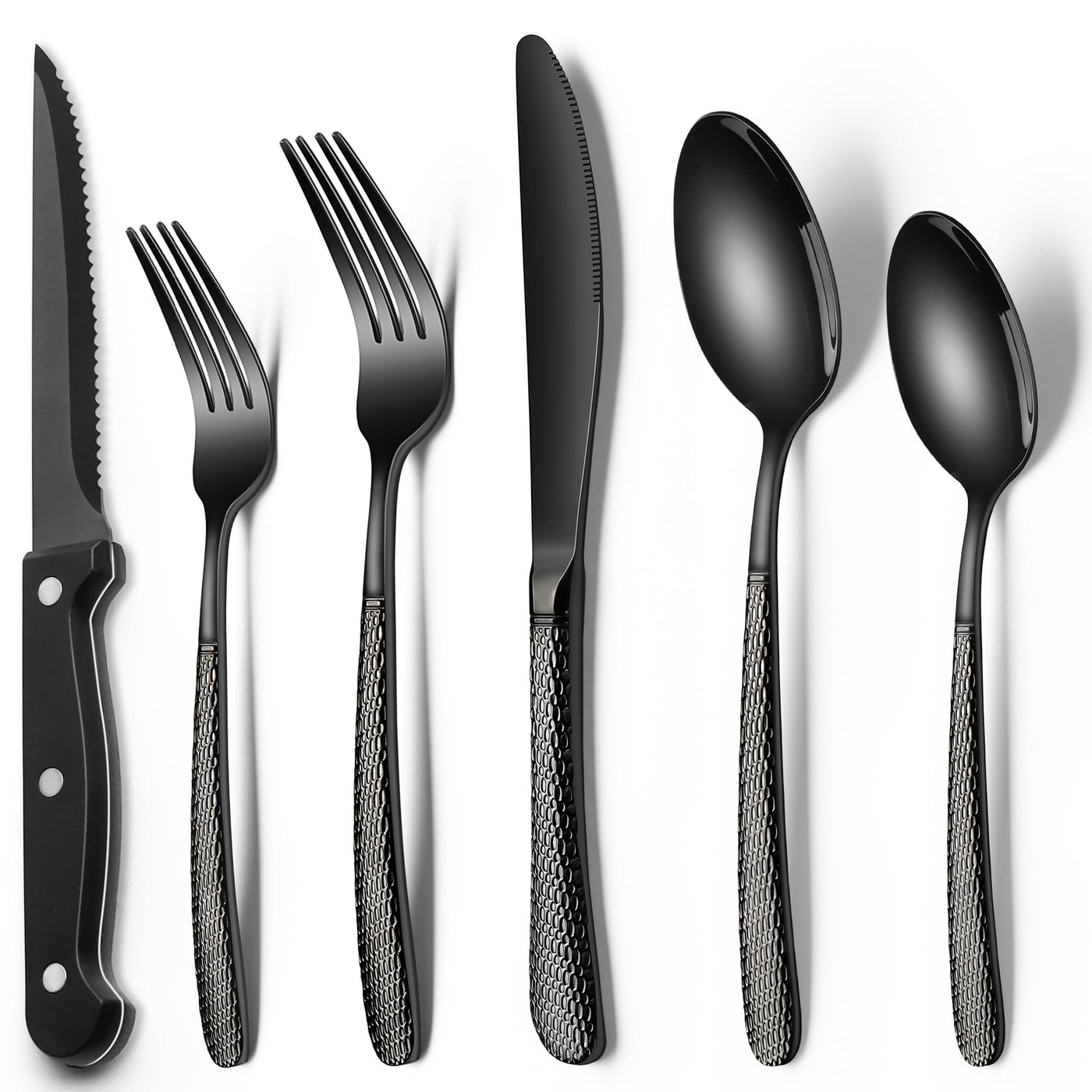 EWFEN 24-Piece Black Silverware Set with Steak Knives, Black Flatware Set for 4, Food-Grade Stainless Steel Tableware Cutlery Set, Mirror Finished Utensil Sets for Home Restaurant, Round Edge