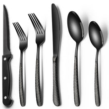 EWFEN 24-Piece Black Silverware Set with Steak Knives, Black Flatware Set for 4, Food-Grade Stainless Steel Tableware Cutlery Set, Mirror Finished Utensil Sets for Home Restaurant, Round Edge