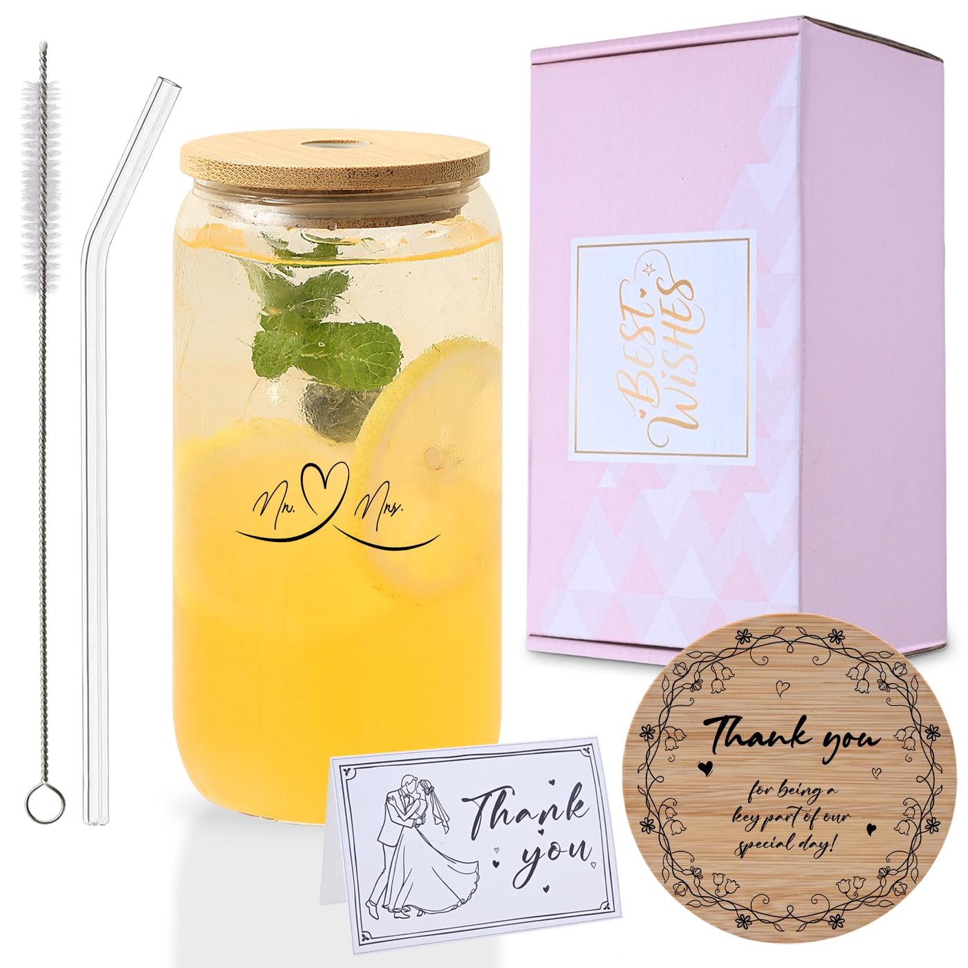 Mr. & Mrs. Glass Tumbler Set, 16oz Glass Cups with Bamboo Lids, Straws & Coasters, Bridal Shower & Wedding Thank You Gift for Couples