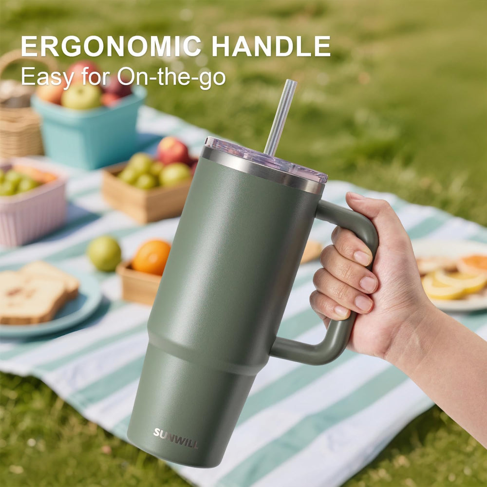 SUNWILL Insulated Coffee Tumbler with Handle, 30oz Stainless Steel Travel Mug with Straw, Spill Resistant Lid, Cup Holder Friendly, Powder Coated Camp Green