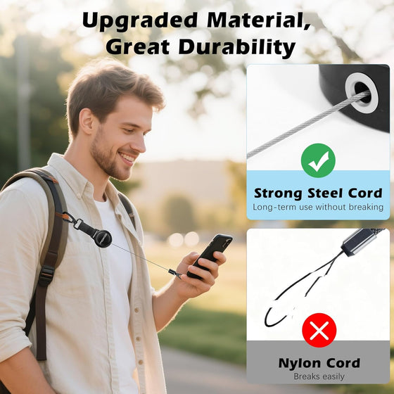 MoKo Anti-theft Phone Tether, Phone Lanyard Retractable Steel Line Cellphone Strap with Locking Carabiner and Metal 360° Tether Tab for Outdoor Skiing Hiking Climbing Fishing, Black - hover image
