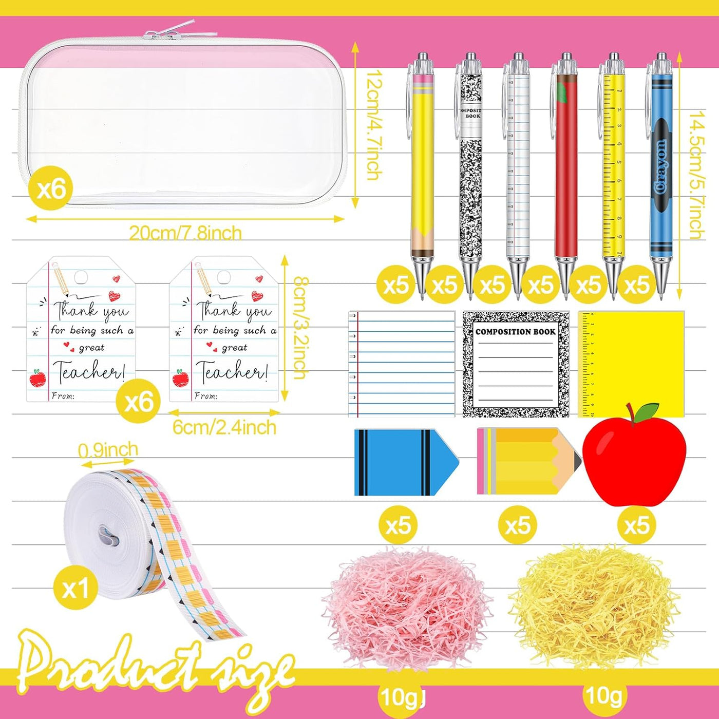 Landhoow 6 Sets/75 Pcs Backto School Teacher Gifts Bulk Set Clear Hard Case Zipper Pouch Pastel Ballpoint Pens & Sticky Notes Blue and Yellow Raffia Adorable Printed Pencil Ribbons with Thank You Card