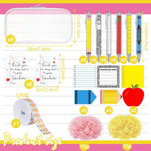 Landhoow 6 Sets/75 Pcs Backto School Teacher Gifts Bulk Set Clear Hard Case Zipper Pouch Pastel Ballpoint Pens & Sticky Notes Blue and Yellow Raffia Adorable Printed Pencil Ribbons with Thank You Card
