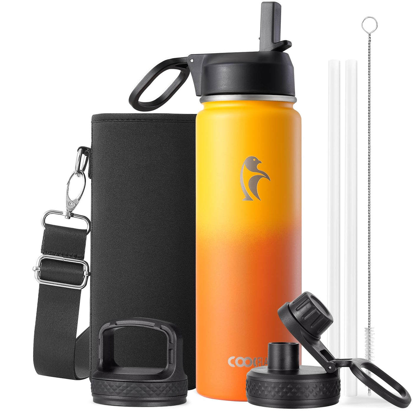 Water Bottle 40 oz Insulated with Straw&Brush, Coolflask Vaccum Stainless Steel Metal 3 Lids Water Flask for Sports, Gym or Office, Keep Cold 48H Hot 24H, Magic Black