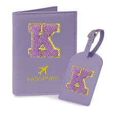 COSHAYSOO Purple Passport Cover Holder and Initial Luggage Tag Set TSA Approved with Personalized Monogram Chenille Letter Patch for Women Teen Girls, Cute Travel Bag Suitcase Identifier (A)