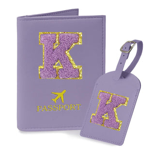 COSHAYSOO Purple Passport Cover Holder and Initial Luggage Tag Set TSA Approved with Personalized Monogram Chenille Letter Patch for Women Teen Girls, Cute Travel Bag Suitcase Identifier (A)