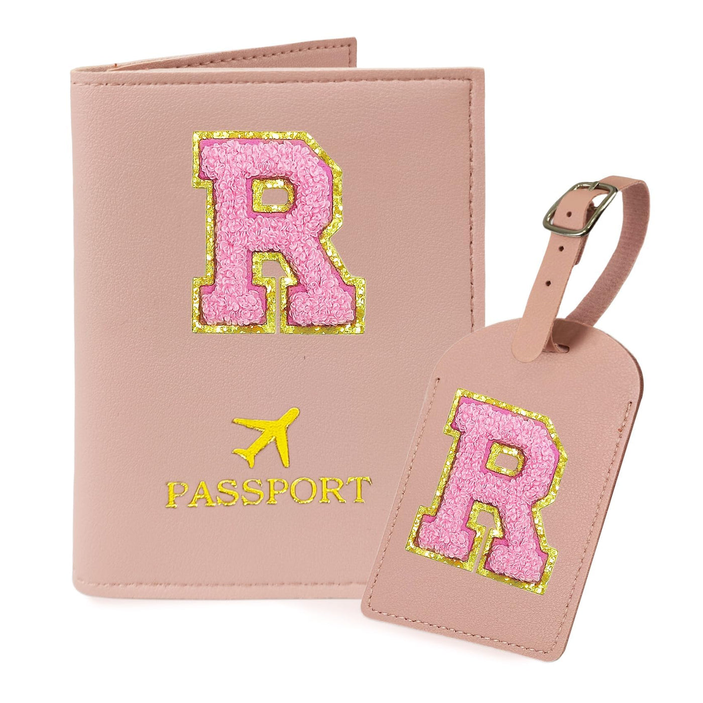 COSHAYSOO Purple Passport Cover Holder and Initial Luggage Tag Set TSA Approved with Personalized Monogram Chenille Letter Patch for Women Teen Girls, Cute Travel Bag Suitcase Identifier (A)