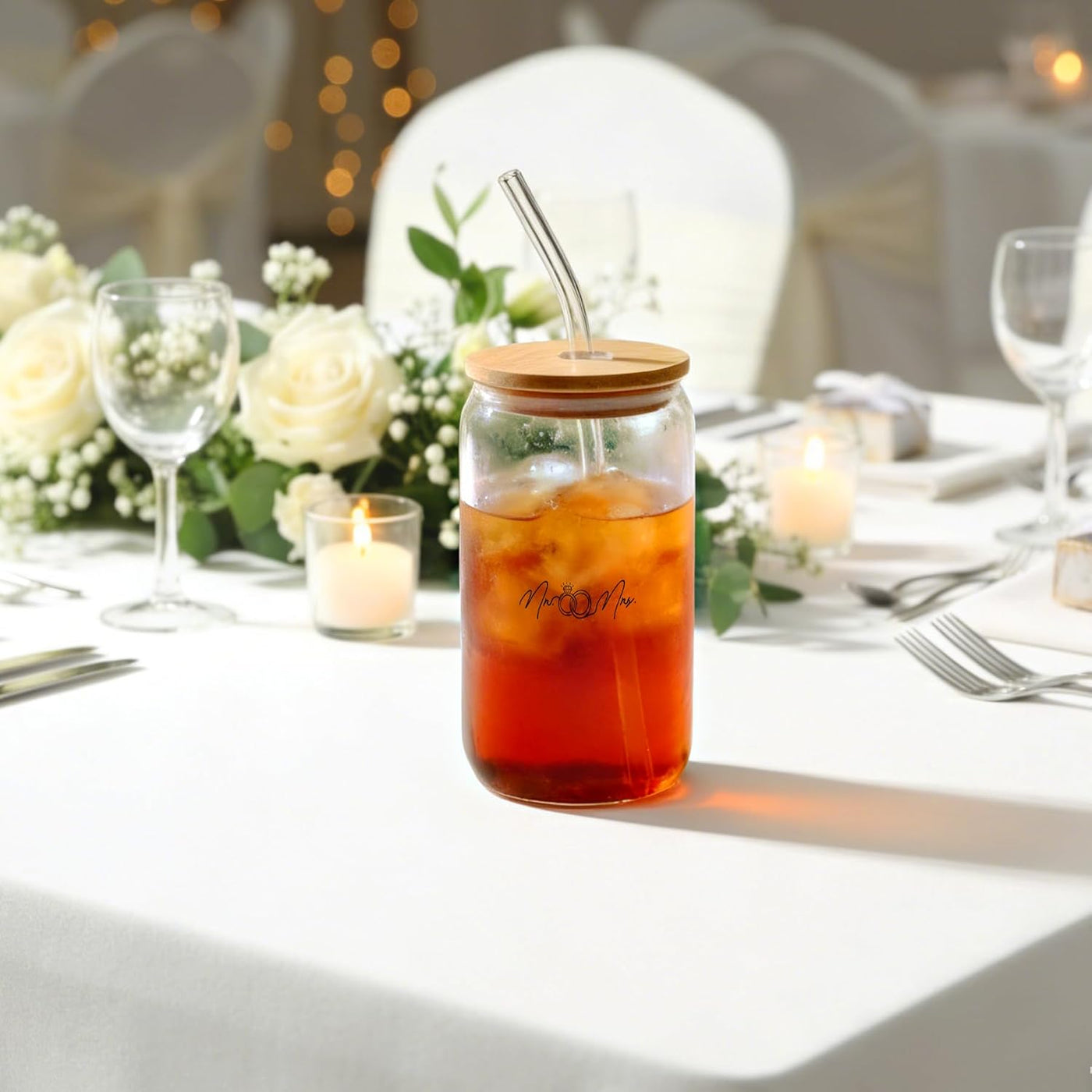 Mr. & Mrs. Glass Tumbler Set, 16oz Glass Cups with Bamboo Lids, Straws & Coasters, Bridal Shower & Wedding Thank You Gift for Couples