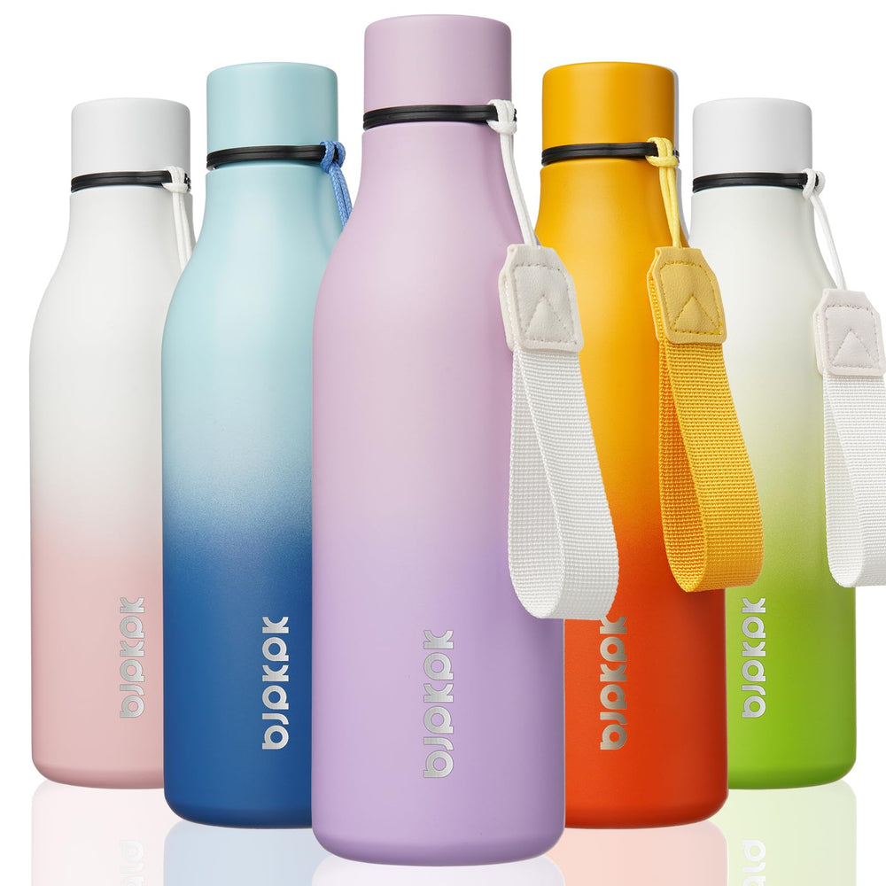 BJPKPK Insulated Water Bottles, 18 oz Stainless Steel Metal Water Bottle with Strap, BPA Free Leak Proof Jugs, Mugs, Flasks, Reusable Thermal Flasks for Sports & Travel, Orange
