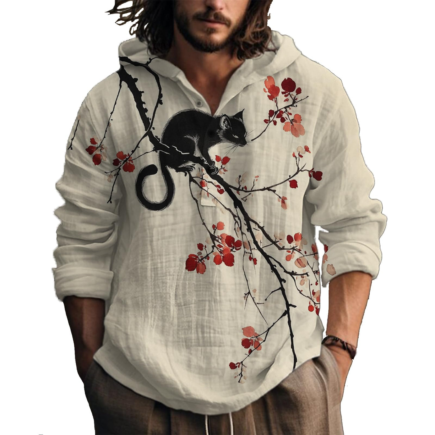MARSVOVO Hooded Long Sleeve Shirt Men Fashion Graphic Button Up Lightweight Big and Tall Casual Vacation Shirts for Men
