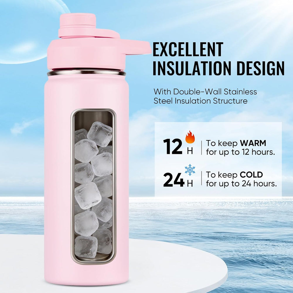 Fijinhom 18 oz Insulated Water Bottle with Handle, 304 Stainless Steel Water Bottles with Wide Mouth, Double Wall Vacuum Sports Water Bottle, BPA Free, Keep Cold and Hot, Pink