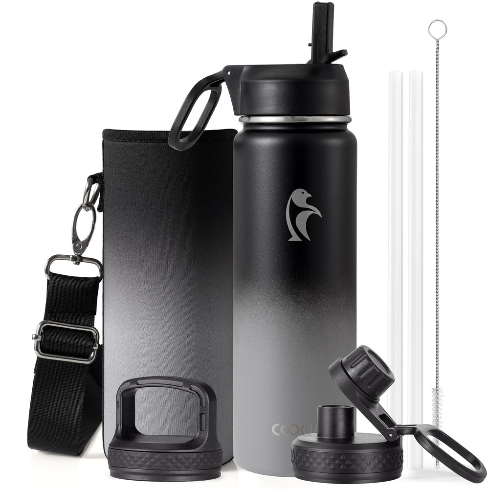 Water Bottle 40 oz Insulated with Straw&Brush, Coolflask Vaccum Stainless Steel Metal 3 Lids Water Flask for Sports, Gym or Office, Keep Cold 48H Hot 24H, Magic Black