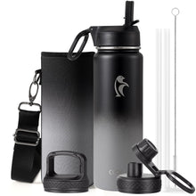 Water Bottle 40 oz Insulated with Straw&Brush, Coolflask Vaccum Stainless Steel Metal 3 Lids Water Flask for Sports, Gym or Office, Keep Cold 48H Hot 24H, Magic Black