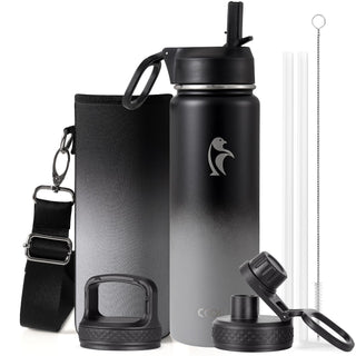 Water Bottle 40 oz Insulated with Straw&Brush, Coolflask Vaccum Stainless Steel Metal 3 Lids Water Flask for Sports, Gym or Office, Keep Cold 48H Hot 24H, Magic Black