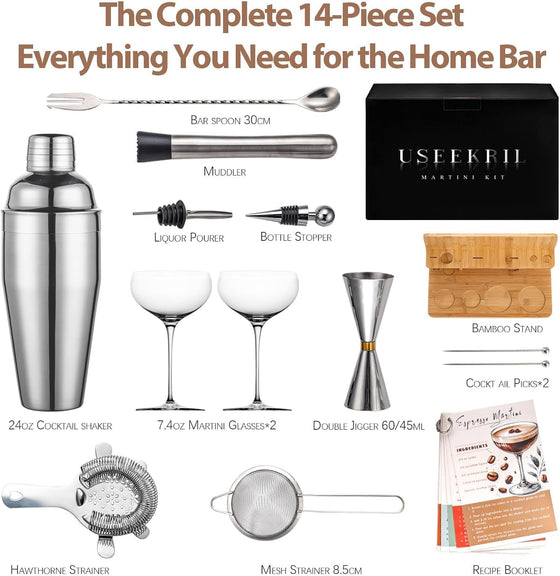 USEERIL Espresso Martini Kit Gifts Set with 2 Glasses,Mixology Bartender Kit,Cocktail Shaker Set with Bamboo Stand for Drink Mixer,Bar Set for House Warming Gifts,Home bar,Party Favors - hover image