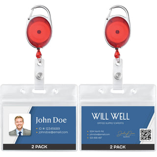 Will Well ID Badge Holders with Clip and Keyring - Vertical Clear Plastic 2.52" x 3.58" Sleeves Fit Up to 3 Cards - Retractable 24" UHMWPE Fiber Pull Cords for Easy Access - 2-Pack, Black Reels