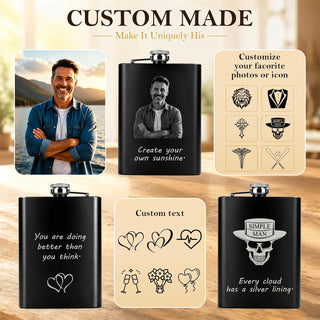 Personalized Photo Flask Custom Engraved Stainless Steel Liquor Flask 8oz Unique Gift Men Husband Dad Groomsmen Wedding Birthday Anniversary Fathers Day (Custom Design)