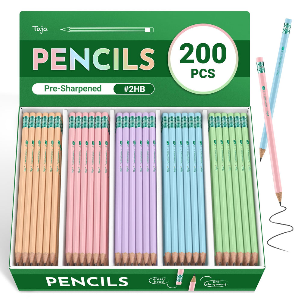 Taja 50 Pack Wood-Cased #2 HB Pencils, Bulk Pre-Sharpened Pencils with Top Erasers, Perfect for School & Classroom Writing and Drawing - Macaron