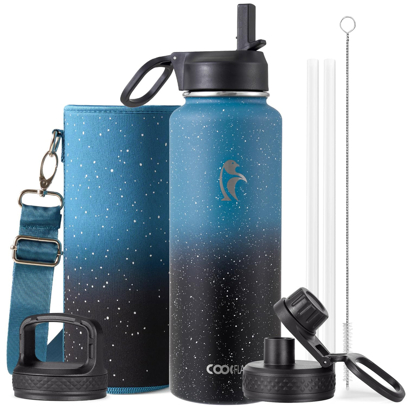 Water Bottle 40 oz Insulated with Straw&Brush, Coolflask Vaccum Stainless Steel Metal 3 Lids Water Flask for Sports, Gym or Office, Keep Cold 48H Hot 24H, Magic Black
