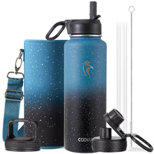 Water Bottle 40 oz Insulated with Straw&Brush, Coolflask Vaccum Stainless Steel Metal 3 Lids Water Flask for Sports, Gym or Office, Keep Cold 48H Hot 24H, Magic Black