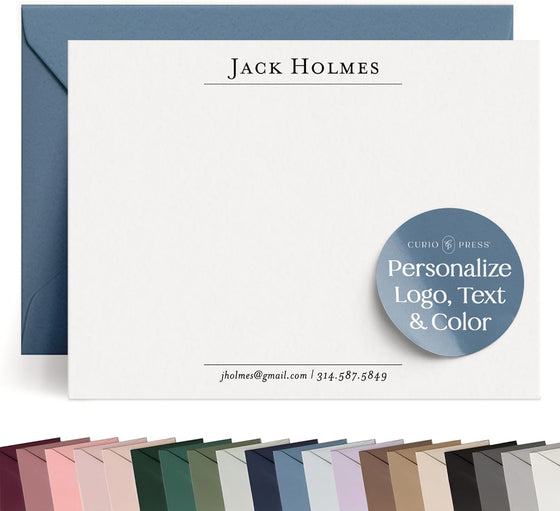 Curio Press Personalized Stationery Note Cards with Envelopes, A2 & A7 Flat Card with Custom Note Cards Name and Contact Info, Personalized Stationary for Men Custom Card - Prestige Flat