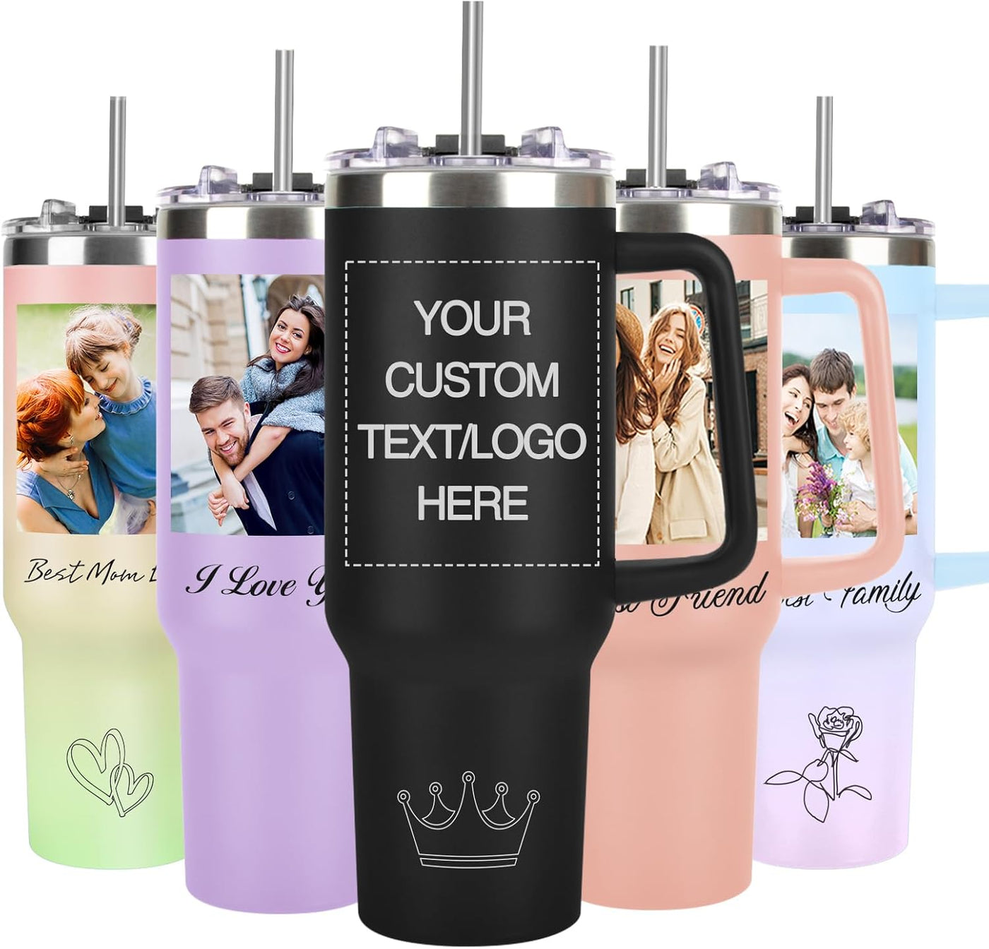 Personalized 40 oz Tumbler with Handle and Straw, Custom Tumbler with Picture, Logo, Text, Stainless Steel Travel Coffee Mug Cup, Personalized Gifts For Women Men Birthday Mother's Day Father's Day