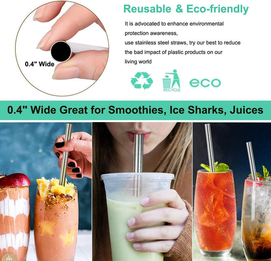 Vinaco Stainless Steel Smoothie Straws, 0.4'' Extra Wide Reusable Metal Drinking Straws for Milkshake, Smoothie, Beverage, Set of 4 with 1 Cleaning Brush - hover image