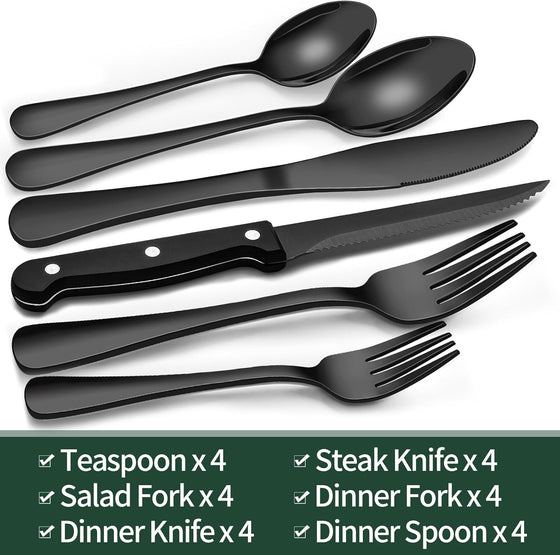 EWFEN 24-Piece Black Silverware Set with Steak Knives, Black Flatware Set for 4, Food-Grade Stainless Steel Tableware Cutlery Set, Mirror Finished Utensil Sets for Home Restaurant, Round Edge - hover image