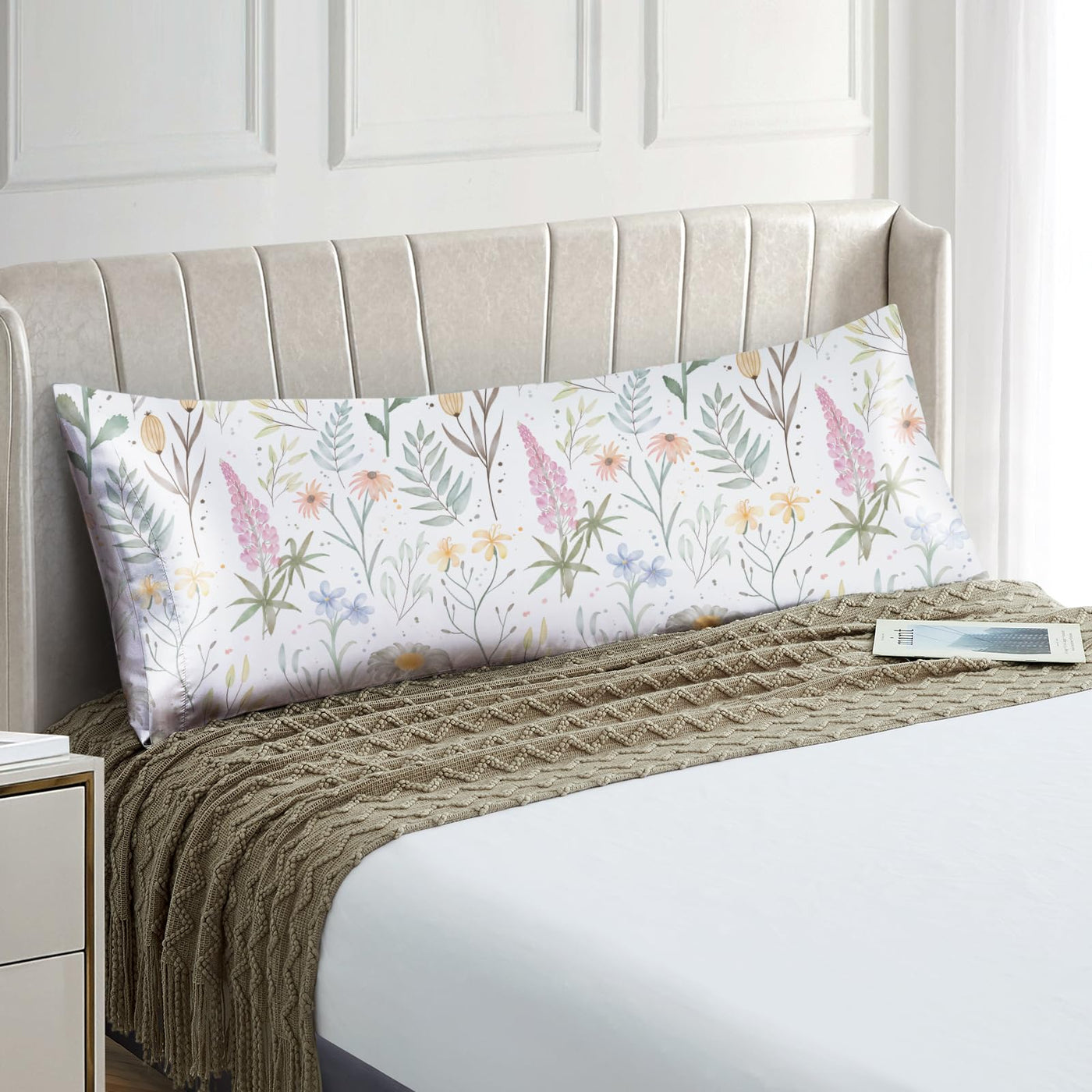 EXQ Home Silky Satin Pillowcase for Hair and Skin,Printed Pillow Cases Standard Size Set of 2 Satin Pillow Case 2 Pack with Envelope Closure(Ink Leaf, 20x26)