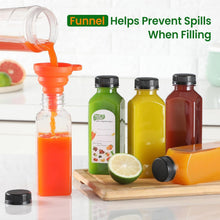 24 PACK, 12 OZ Reusable Thicker Plastic Juice Bottles with Caps, Plus 24 Labels & 2 Funnels - Clear Juicing Bottles for Juice, Smoothies, Ginger, Tea, Coffee -Food Grade & Travel Leakproof & Freezable