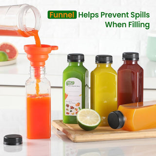 24 PACK, 12 OZ Reusable Thicker Plastic Juice Bottles with Caps, Plus 24 Labels & 2 Funnels - Clear Juicing Bottles for Juice, Smoothies, Ginger, Tea, Coffee -Food Grade & Travel Leakproof & Freezable