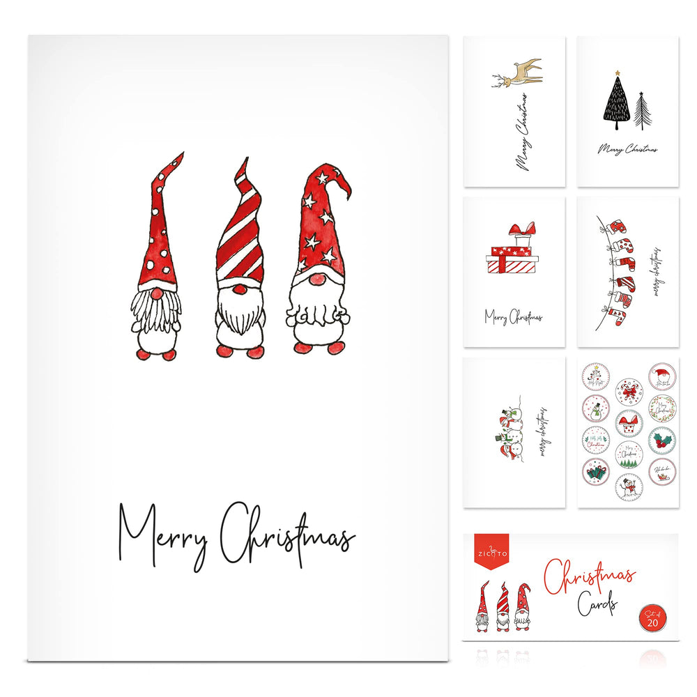 ZICOTO Beautiful Christmas Cards Set of 20 with Watercolor Designs - Incl. Bulk Envelopes, Matching Stickers And Storage Box - Perfect to Send Warm Holiday Wishes to Friends and Family