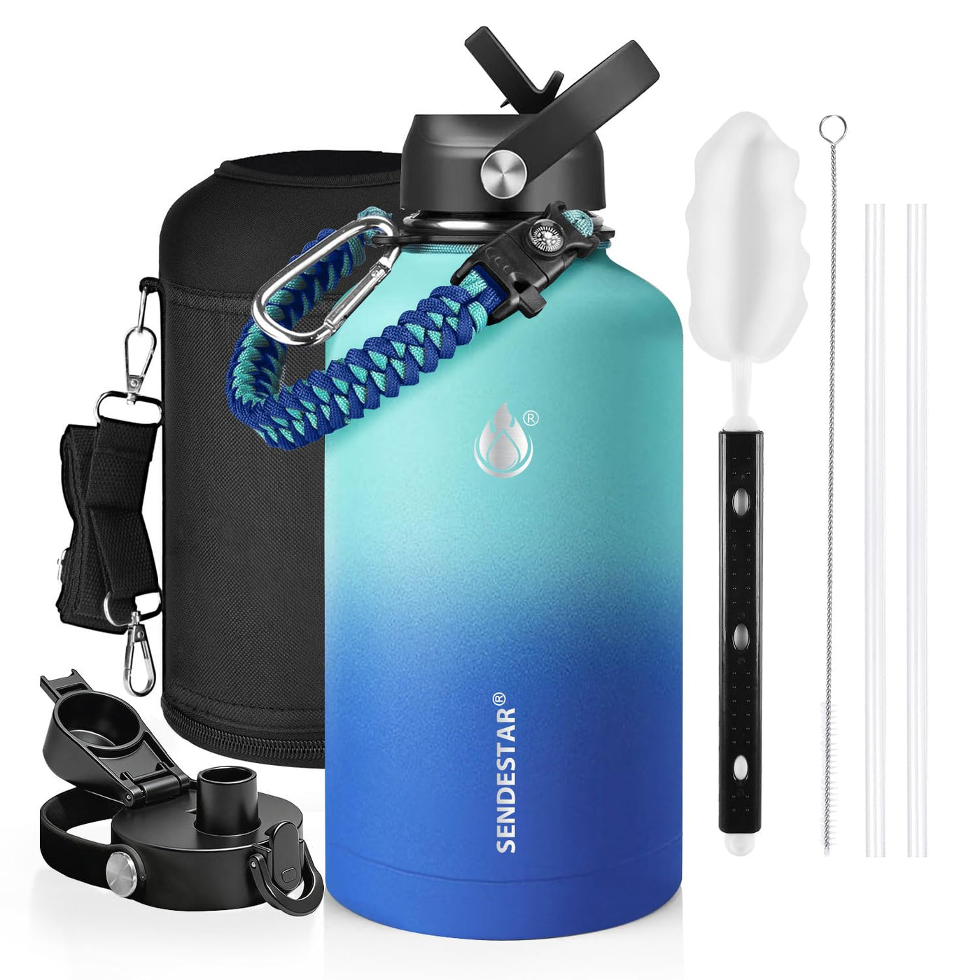 SENDESTAR Water Bottle 32oz Double Wall Vacuum Insulated Leak Proof Stainless Steel Sports Water Bottle—Wide Mouth with New Flex Straw Lid & Spout Lid (Deep Blue&Black)