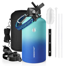 SENDESTAR Water Bottle 32oz Double Wall Vacuum Insulated Leak Proof Stainless Steel Sports Water Bottle—Wide Mouth with New Flex Straw Lid & Spout Lid (Deep Blue&Black)